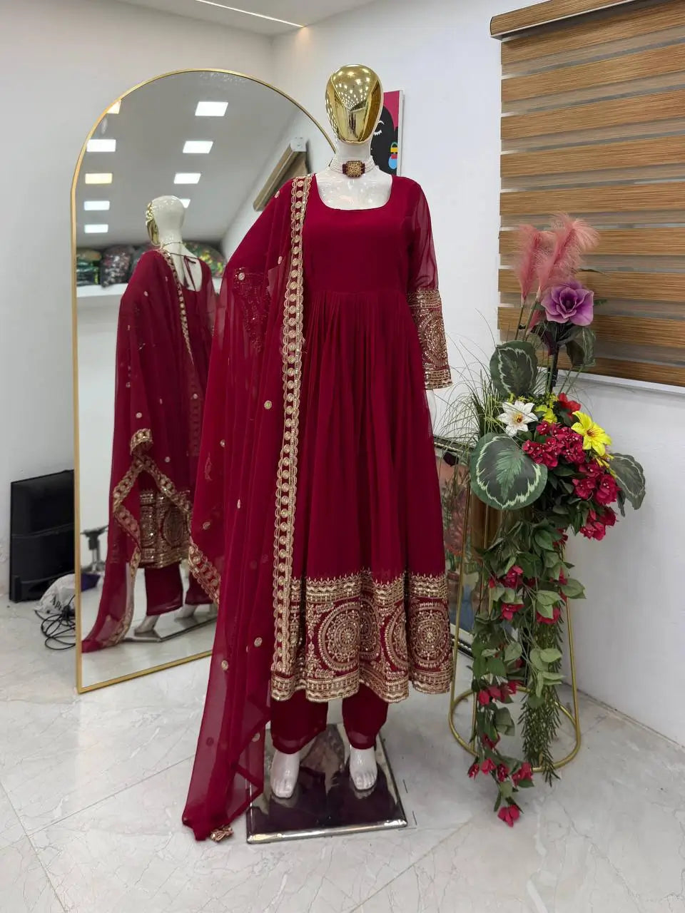 Crimson Georgette Anarkali Gown with Dupatta