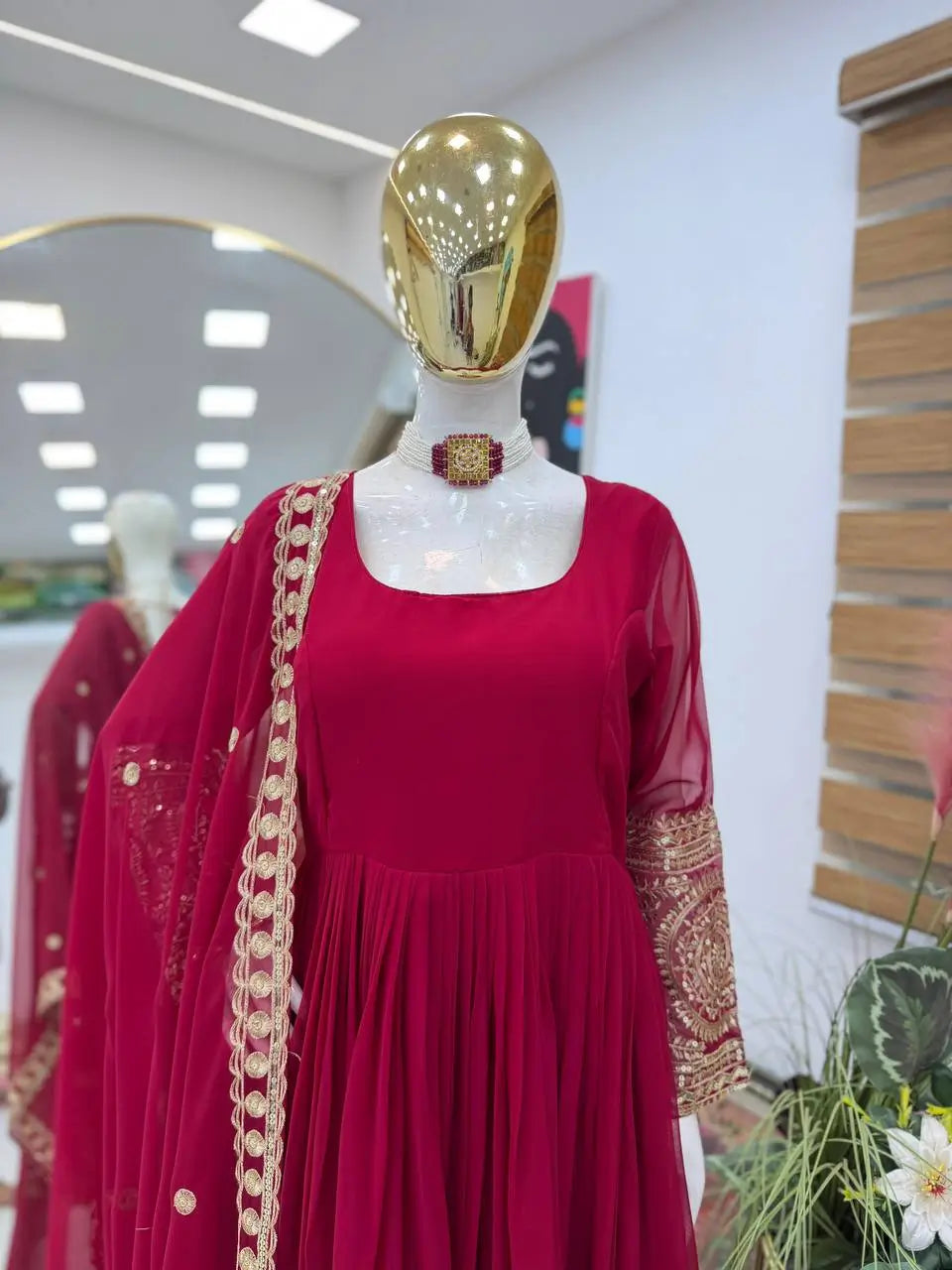 Crimson Georgette Anarkali Gown with Dupatta