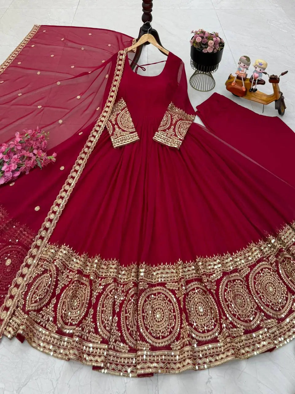 Crimson Georgette Anarkali Gown with Dupatta