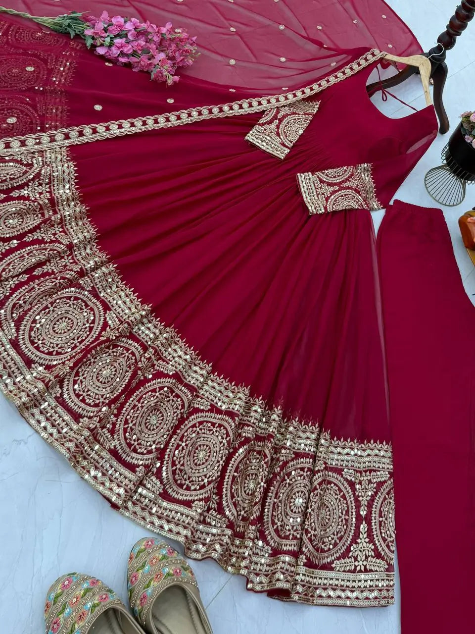 Crimson Georgette Anarkali Gown with Dupatta