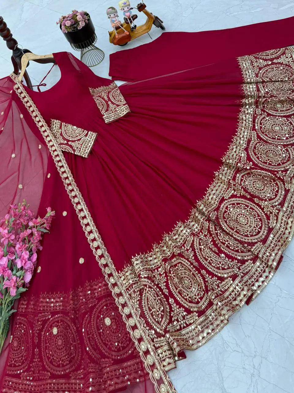 Crimson Georgette Anarkali Gown with Dupatta