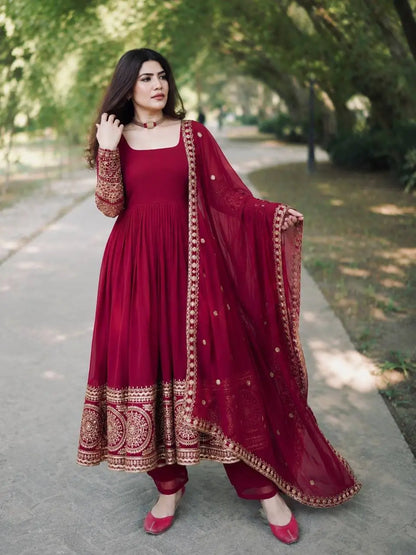 Crimson Georgette Anarkali Gown with Dupatta