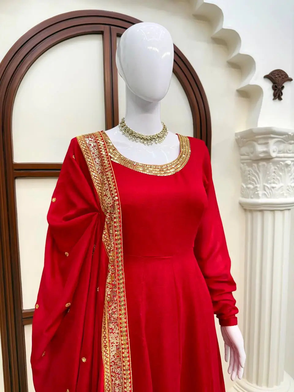Crimson Gold Border Anarkali Gown
