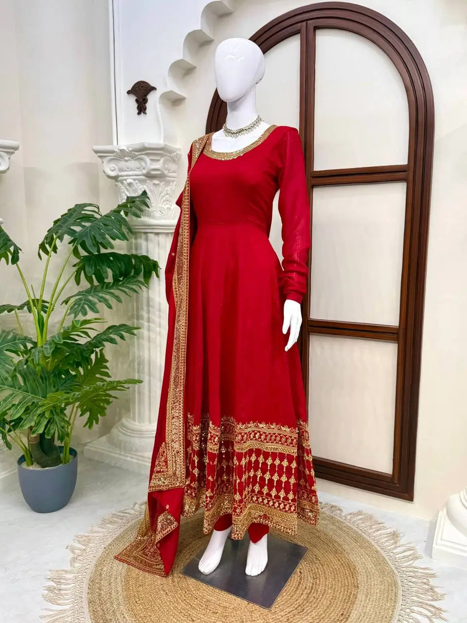 Crimson Gold Border Anarkali Gown