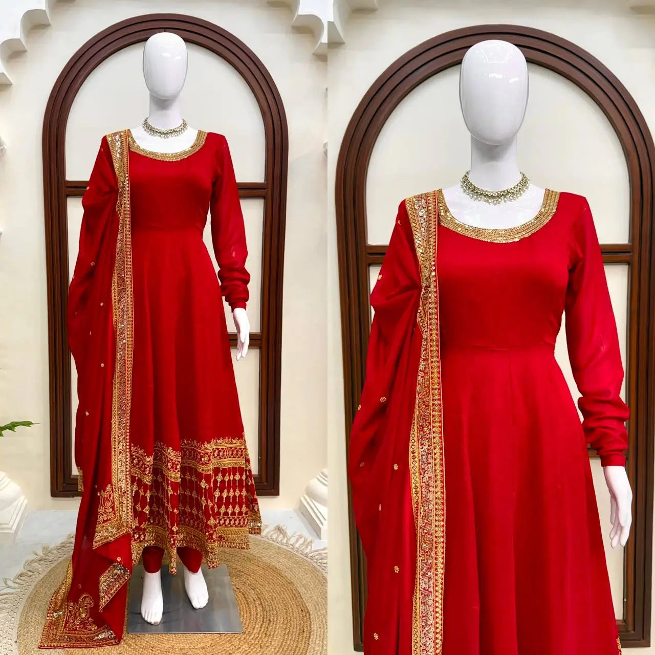 Crimson Gold Border Anarkali Gown