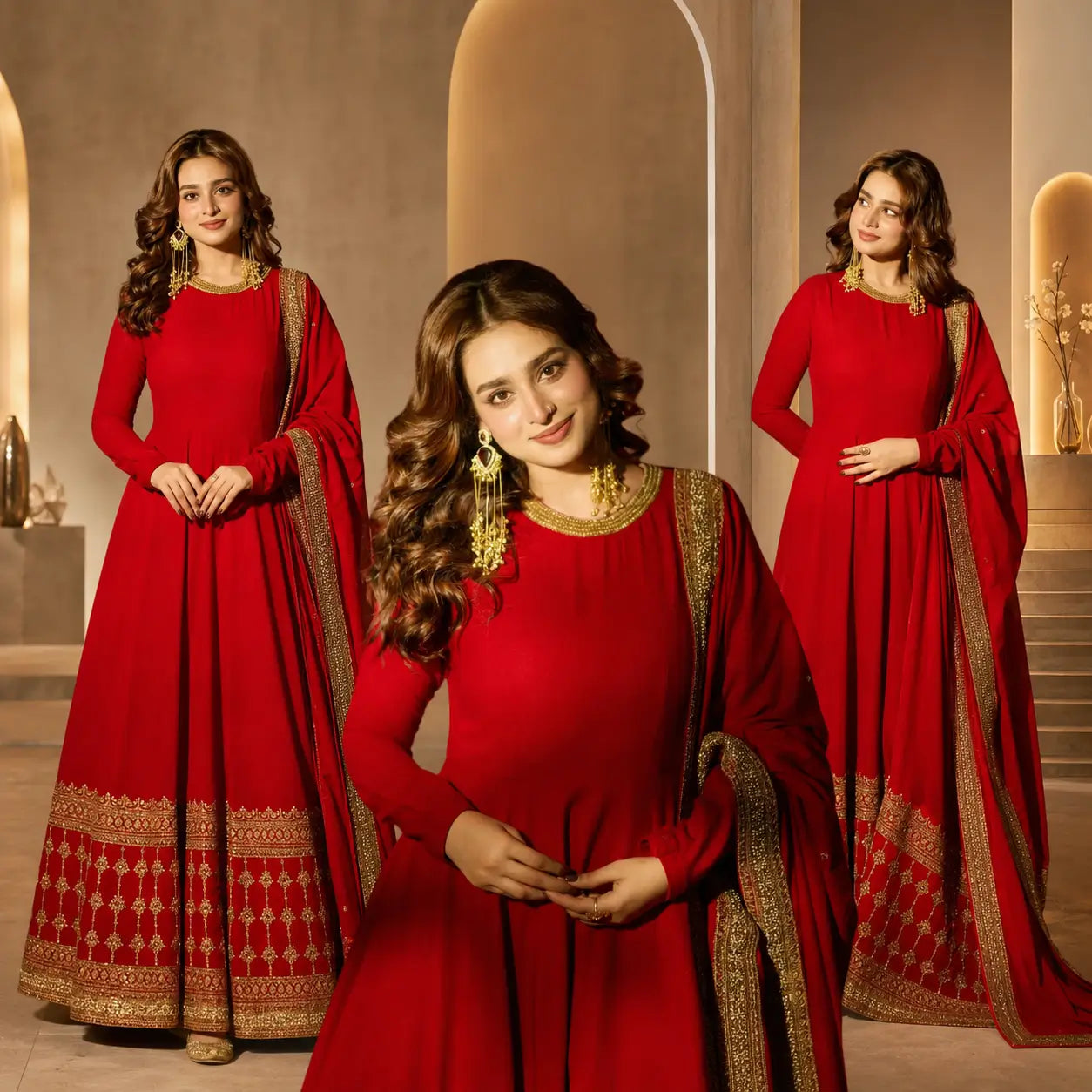 Crimson Gold Border Anarkali Gown