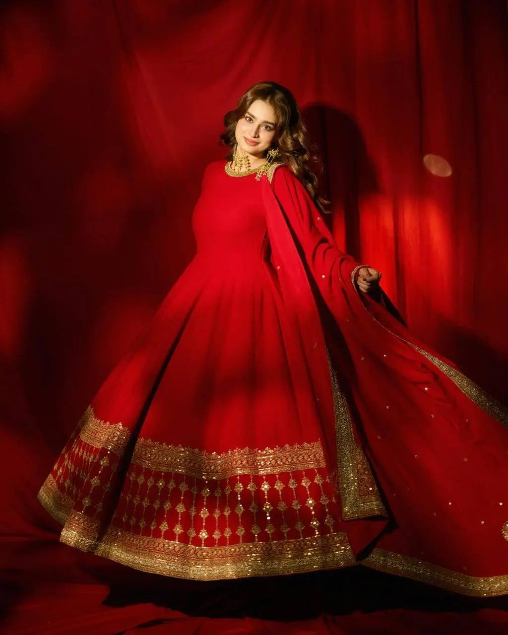 Crimson Gold Border Anarkali Gown
