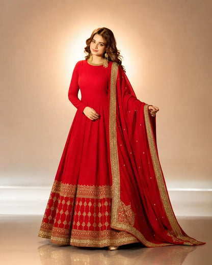 Crimson Gold Border Anarkali Gown