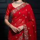 Crimson Red Fandy Satin Silk Sequins Embroidered Saree for Wedding & Festive Wear