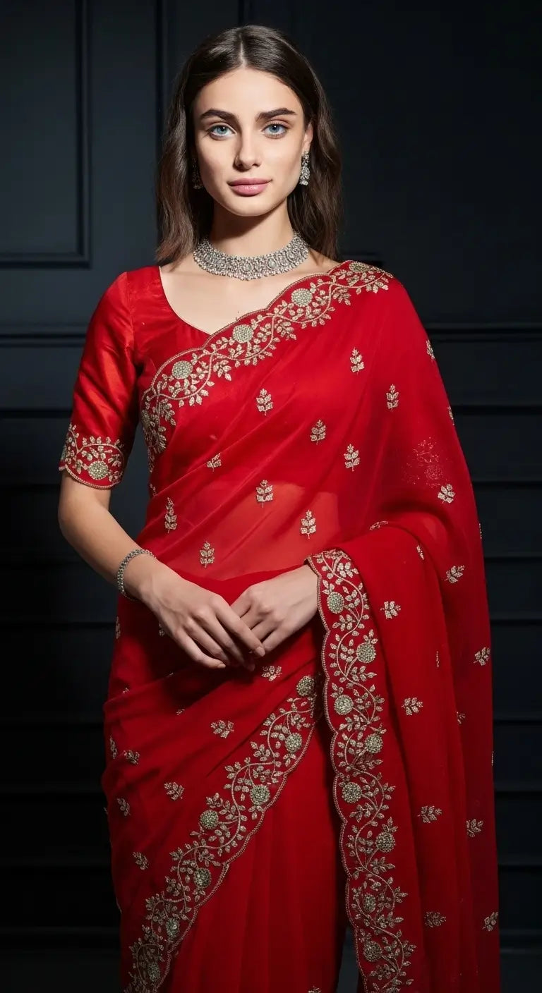 Crimson Red Fandy Satin Silk Sequins Embroidered Saree for Wedding & Festive Wear