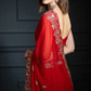Crimson Red Fandy Satin Silk Sequins Embroidered Saree for Wedding & Festive Wear