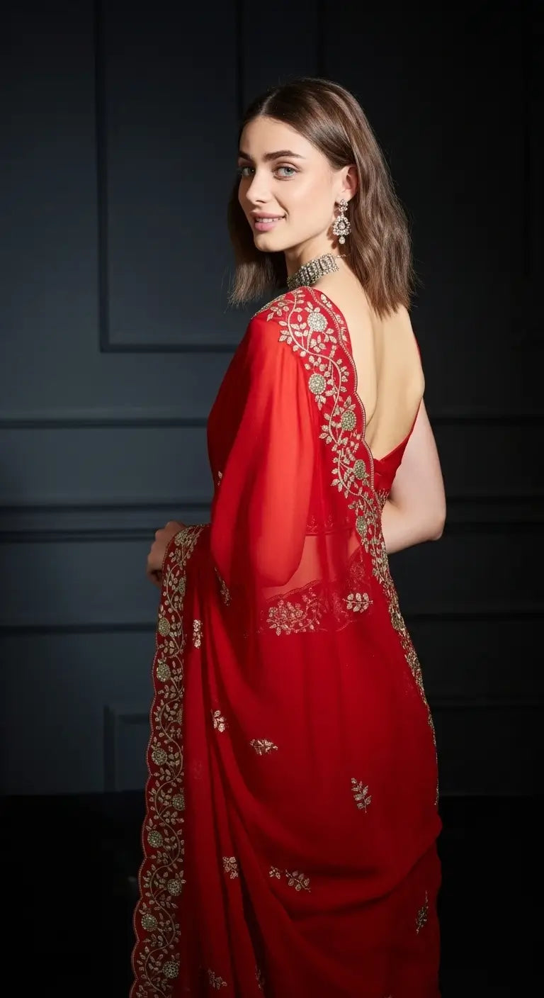 Crimson Red Fandy Satin Silk Sequins Embroidered Saree for Wedding & Festive Wear