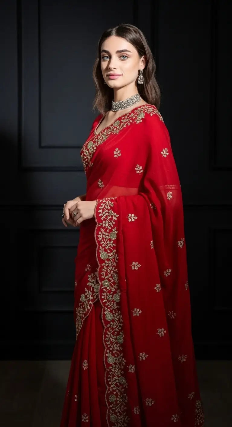 Crimson Red Fandy Satin Silk Sequins Embroidered Saree for Wedding & Festive Wear
