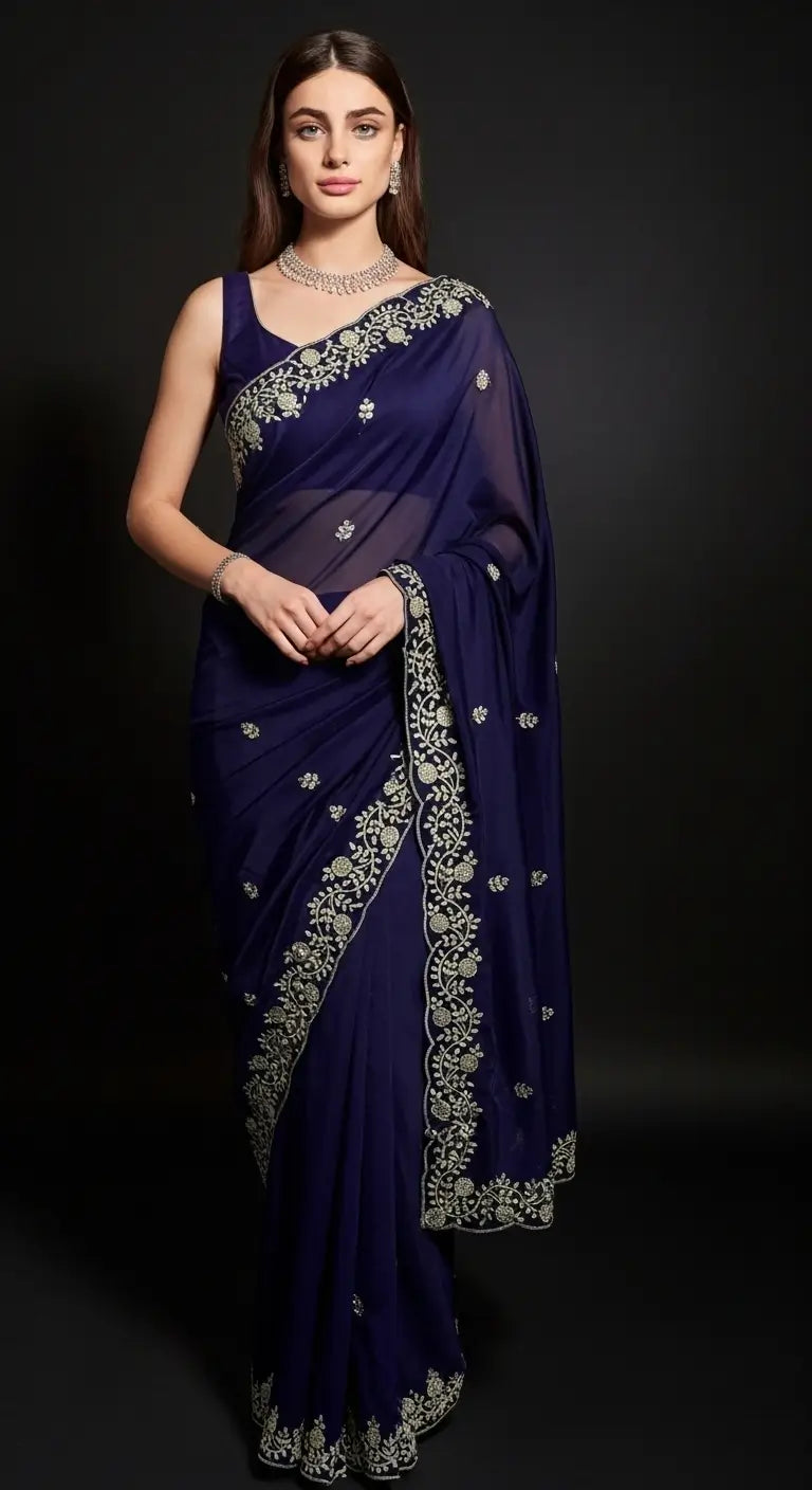 Crimson Red Fandy Satin Silk Sequins Embroidered Saree for Wedding & Festive Wear