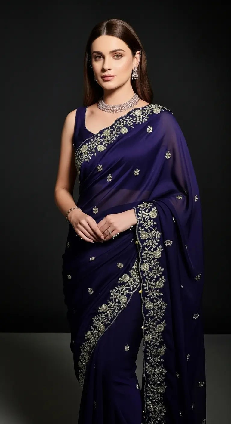 Crimson Red Fandy Satin Silk Sequins Embroidered Saree for Wedding & Festive Wear