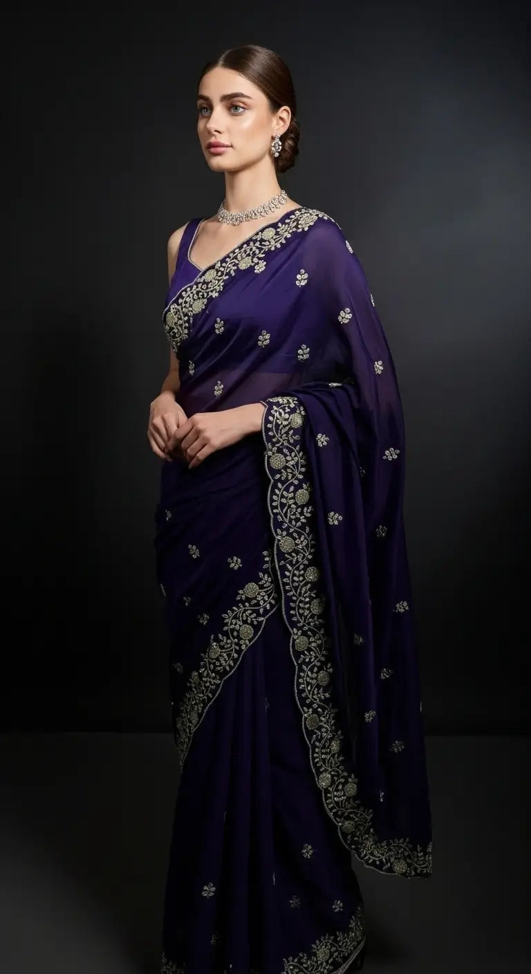 Crimson Red Fandy Satin Silk Sequins Embroidered Saree for Wedding & Festive Wear
