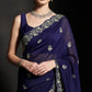Crimson Red Fandy Satin Silk Sequins Embroidered Saree for Wedding & Festive Wear