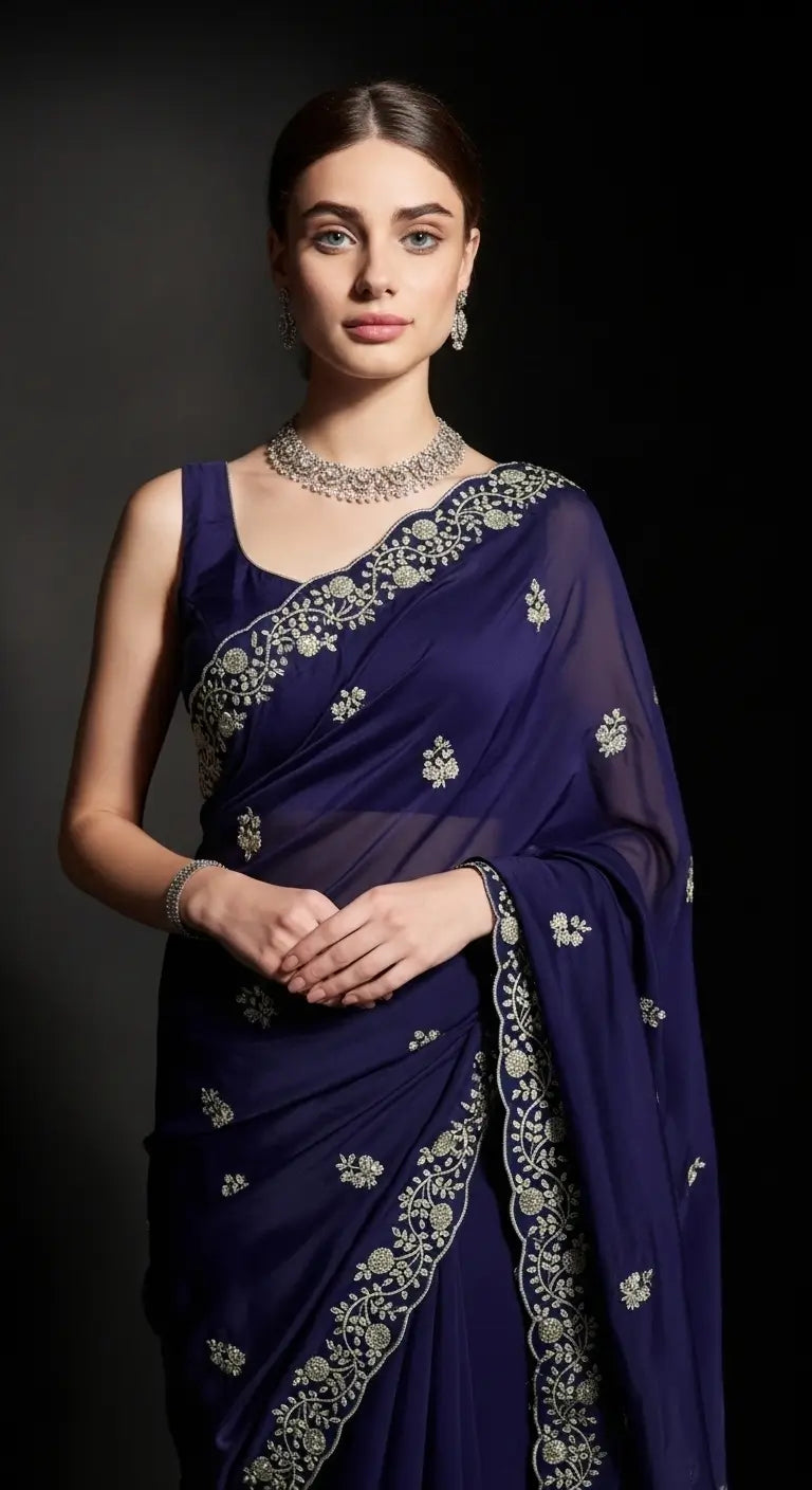Crimson Red Fandy Satin Silk Sequins Embroidered Saree for Wedding & Festive Wear