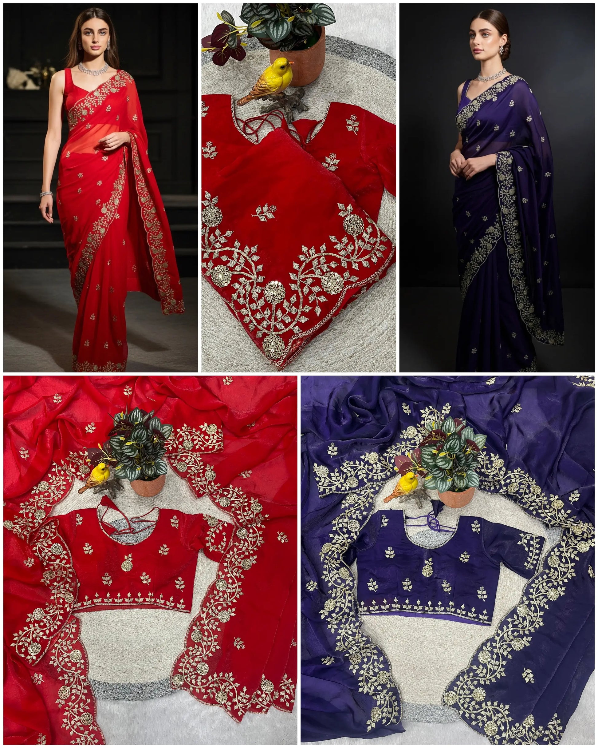 Crimson Red Fandy Satin Silk Sequins Embroidered Saree for Wedding & Festive Wear
