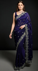 Crimson Red Fandy Satin Silk Sequins Embroidered Saree for Wedding & Festive Wear