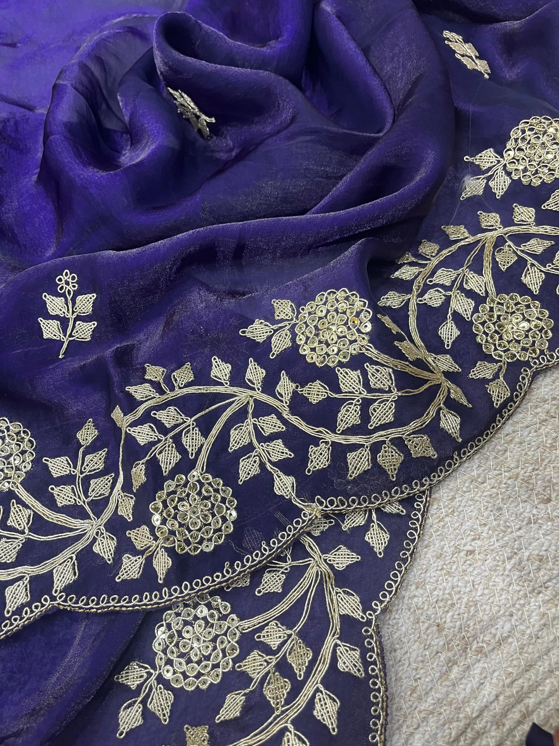 Crimson Red Fandy Satin Silk Sequins Embroidered Saree for Wedding & Festive Wear