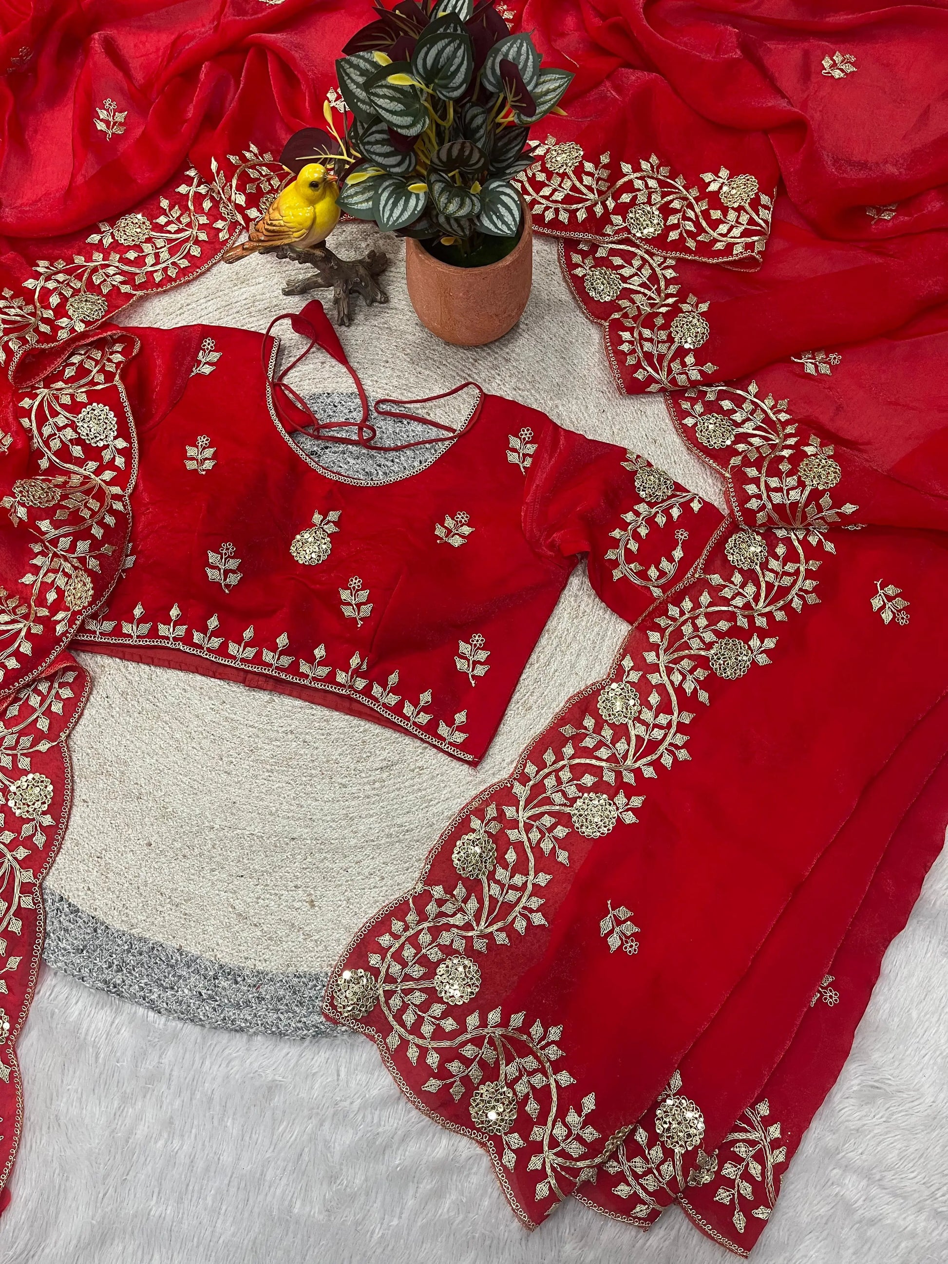 Crimson Red Fandy Satin Silk Sequins Embroidered Saree for Wedding & Festive Wear