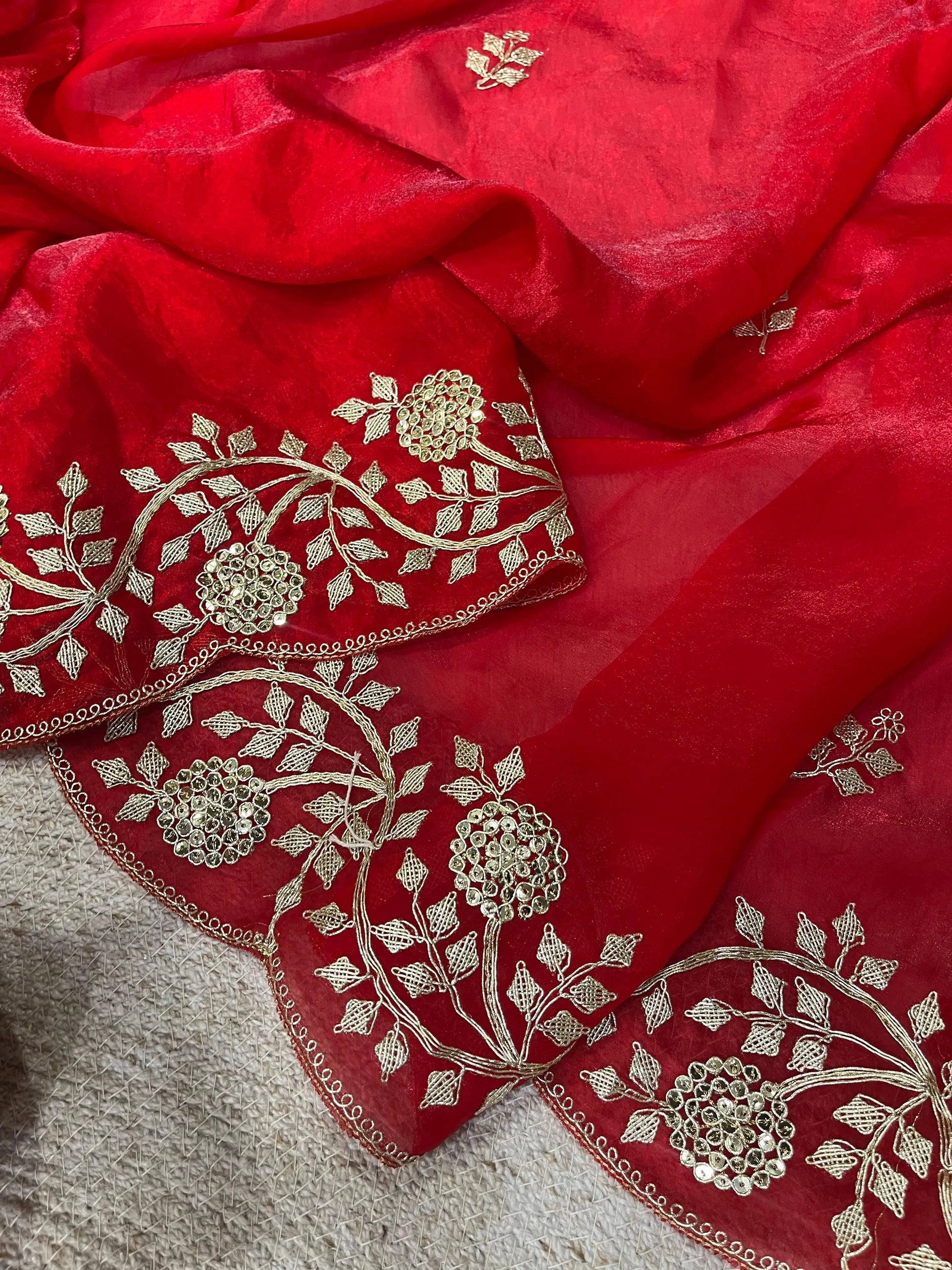Crimson Red Fandy Satin Silk Sequins Embroidered Saree for Wedding & Festive Wear