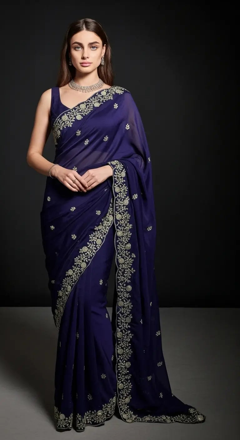 Crimson Red Fandy Satin Silk Sequins Embroidered Saree for Wedding & Festive Wear