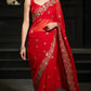 Crimson Red Fandy Satin Silk Sequins Embroidered Saree for Wedding & Festive Wear