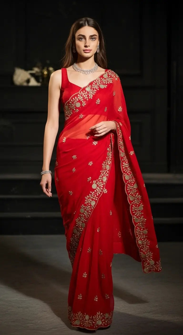 Crimson Red Fandy Satin Silk Sequins Embroidered Saree for Wedding & Festive Wear