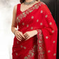 Crimson Red Fandy Satin Silk Sequins Embroidered Saree for Wedding & Festive Wear