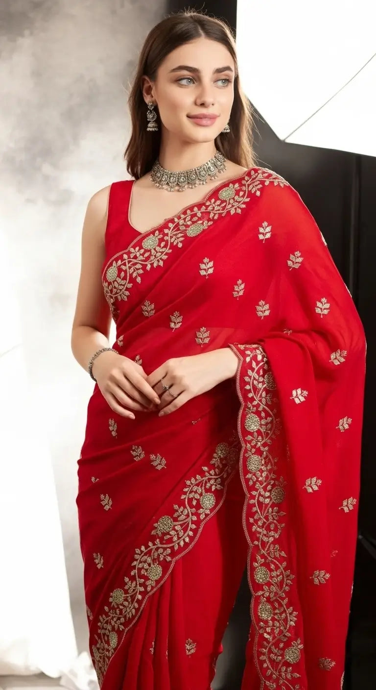 Crimson Red Fandy Satin Silk Sequins Embroidered Saree for Wedding & Festive Wear