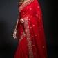 Crimson Red Fandy Satin Silk Sequins Embroidered Saree for Wedding & Festive Wear