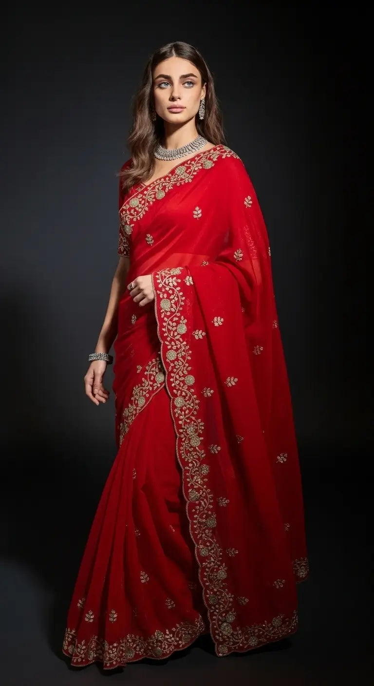 Crimson Red Fandy Satin Silk Sequins Embroidered Saree for Wedding & Festive Wear