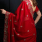 Crimson Red Fandy Satin Silk Sequins Embroidered Saree for Wedding & Festive Wear