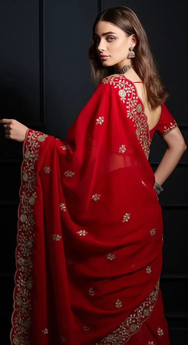 Crimson Red Fandy Satin Silk Sequins Embroidered Saree for Wedding & Festive Wear
