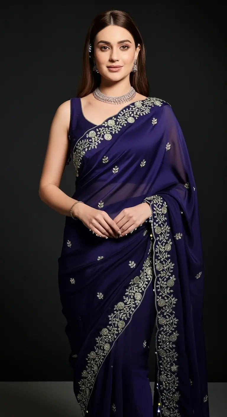 Crimson Red Fandy Satin Silk Sequins Embroidered Saree for Wedding & Festive Wear