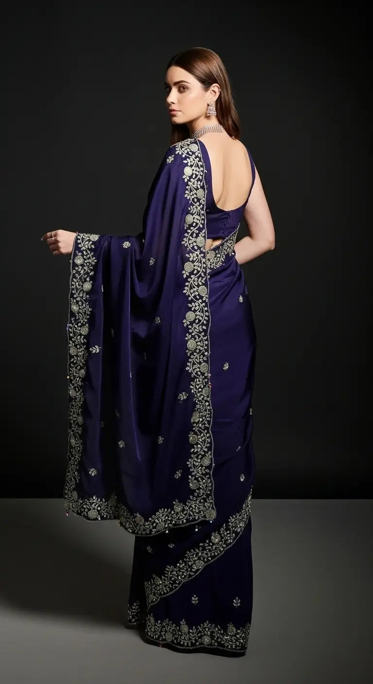 Crimson Red Fandy Satin Silk Sequins Embroidered Saree for Wedding & Festive Wear