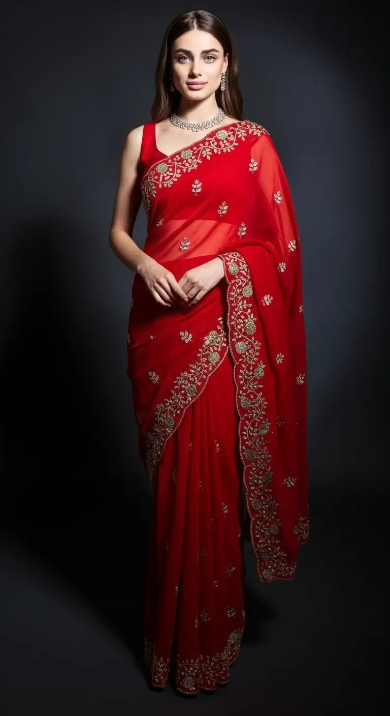 Crimson Red Fandy Satin Silk Sequins Embroidered Saree for Wedding & Festive Wear
