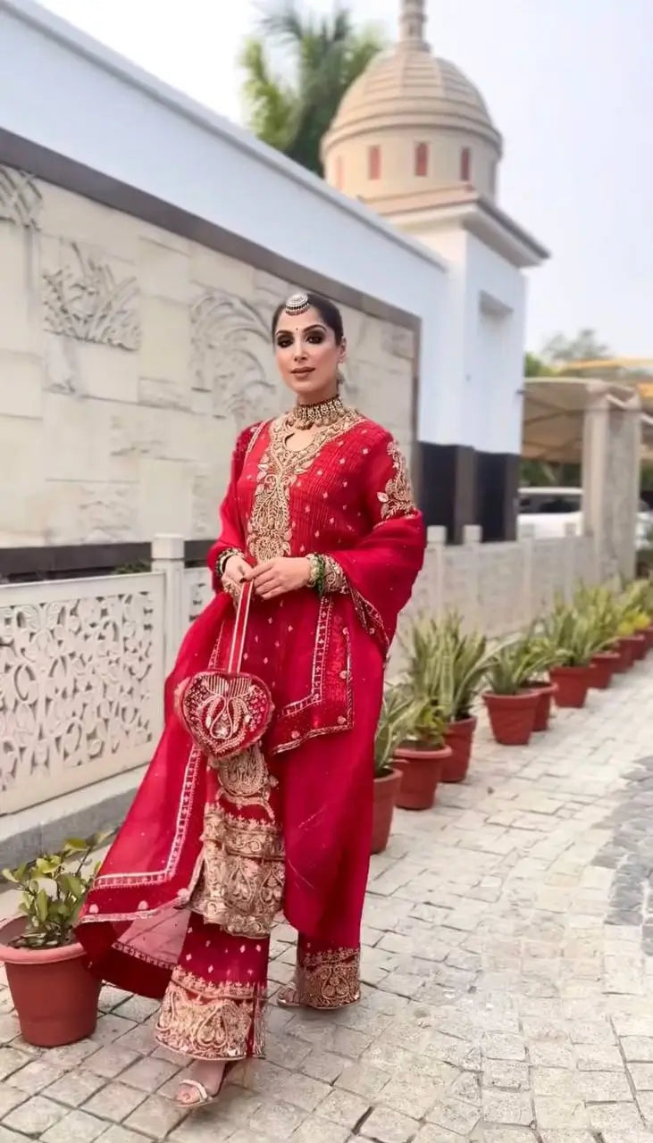 Crimson Red Pure Crunchy Silk Sequins Embroidered Kurti Palazzo Set for Wedding Wear