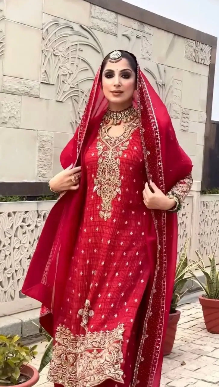 Crimson Red Pure Crunchy Silk Sequins Embroidered Kurti Palazzo Set for Wedding Wear
