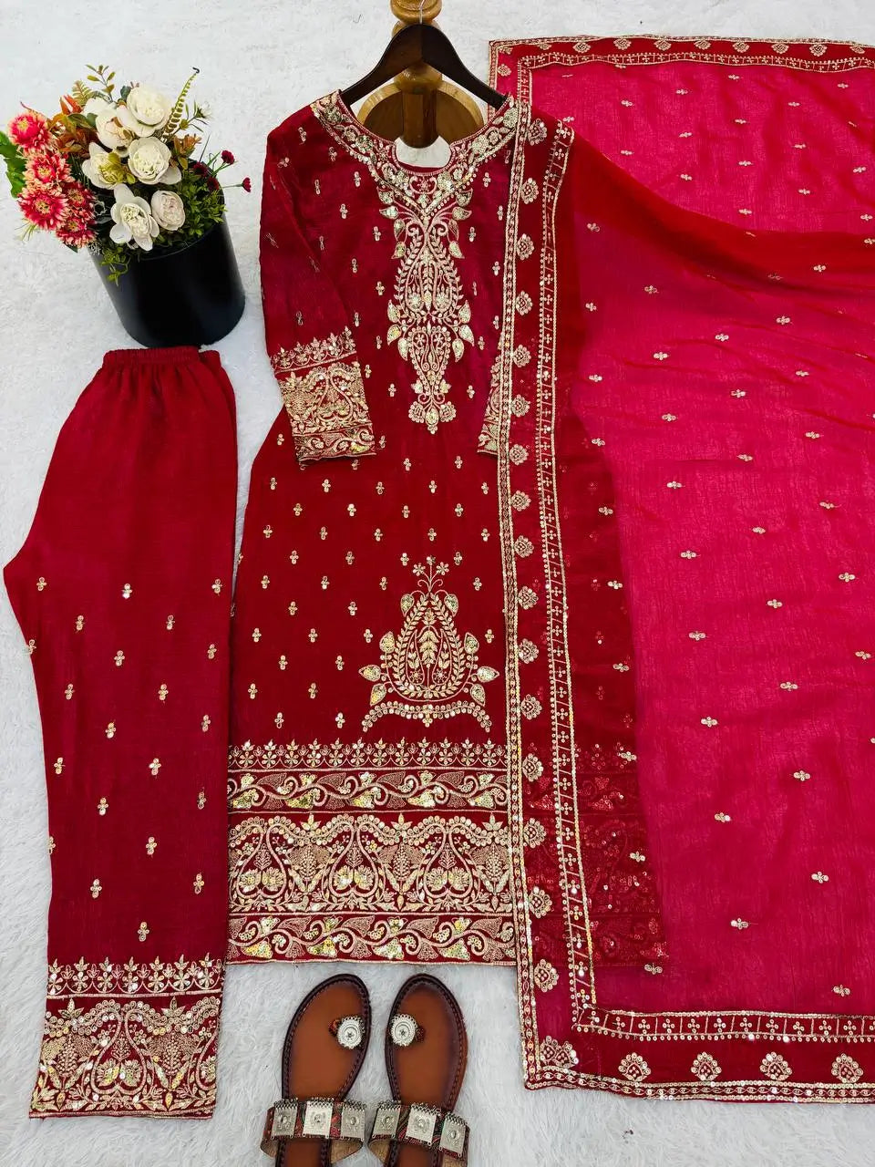 Crimson Red Pure Crunchy Silk Sequins Embroidered Kurti Palazzo Set for Wedding Wear