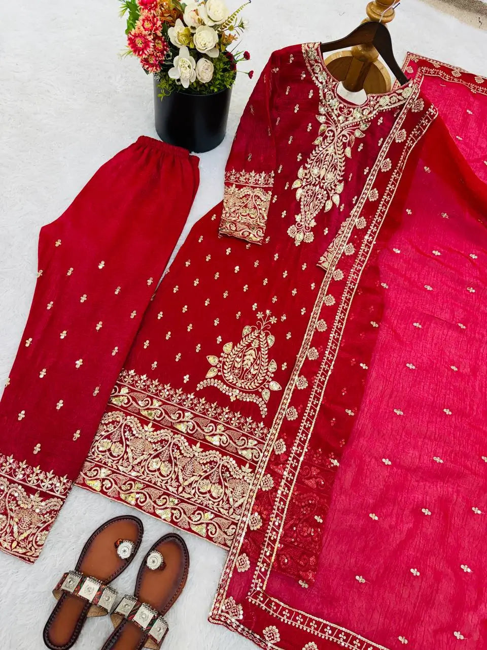 Crimson Red Pure Crunchy Silk Sequins Embroidered Kurti Palazzo Set for Wedding Wear