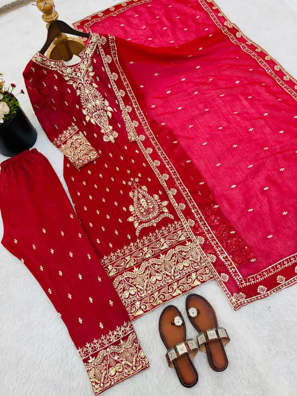 Crimson Red Pure Crunchy Silk Sequins Embroidered Kurti Palazzo Set for Wedding Wear