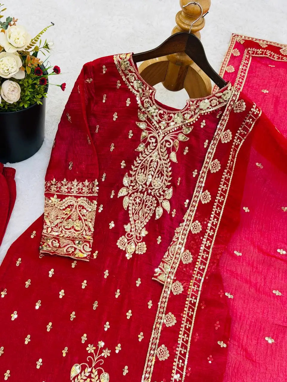 Crimson Red Pure Crunchy Silk Sequins Embroidered Kurti Palazzo Set for Wedding Wear