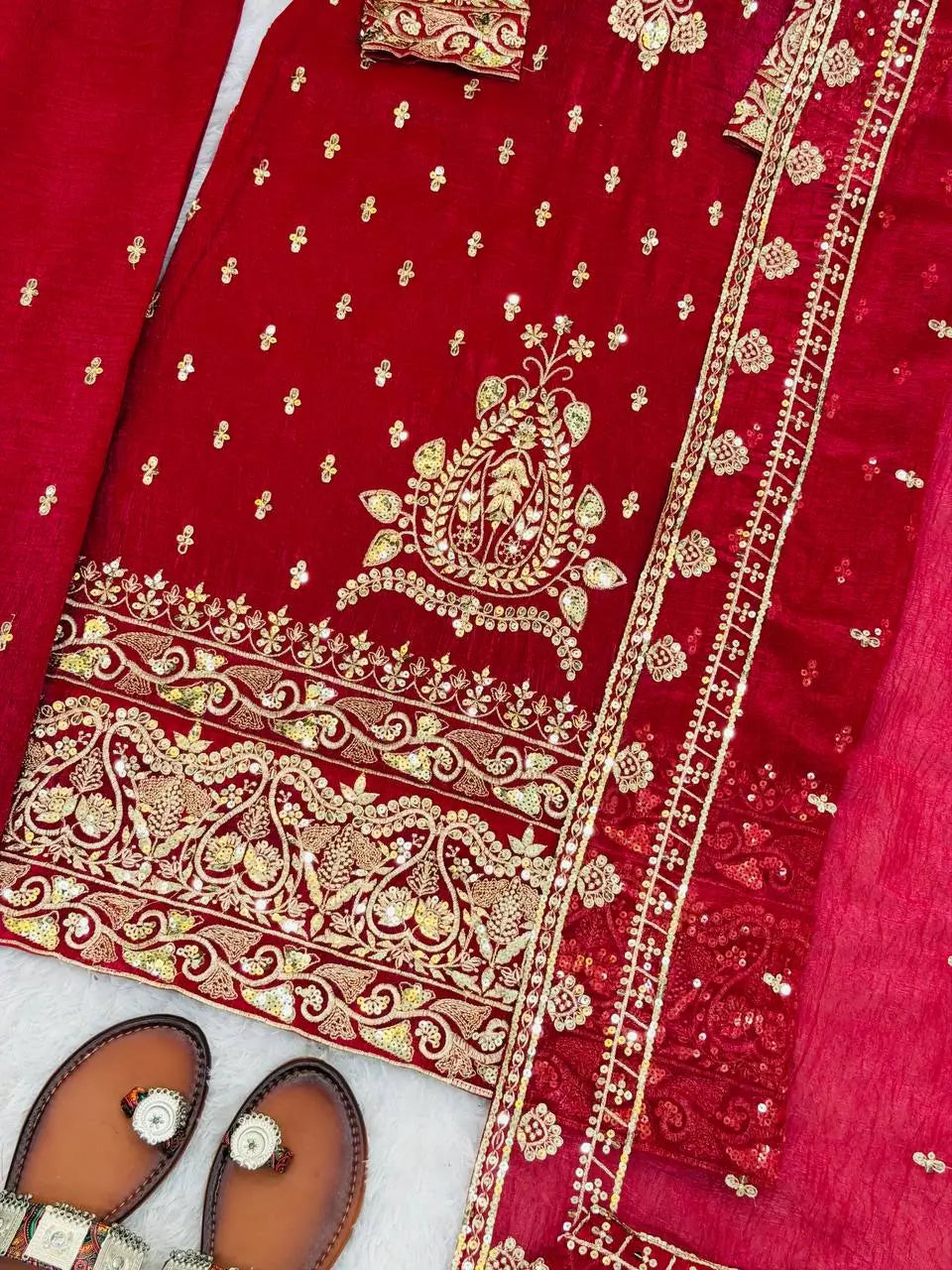 Crimson Red Pure Crunchy Silk Sequins Embroidered Kurti Palazzo Set for Wedding Wear