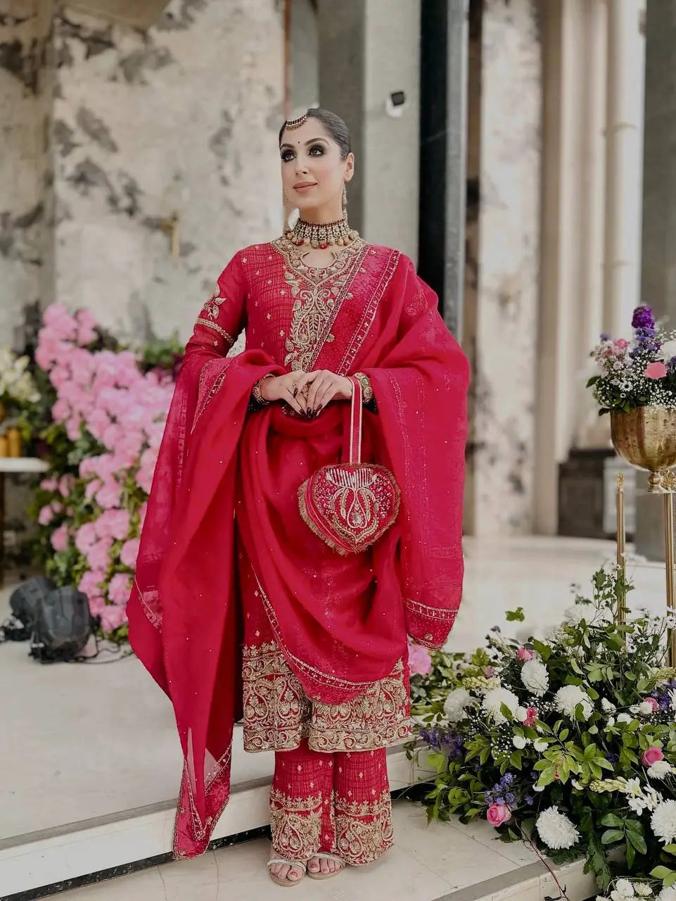 Crimson Red Pure Crunchy Silk Sequins Embroidered Kurti Palazzo Set for Wedding Wear