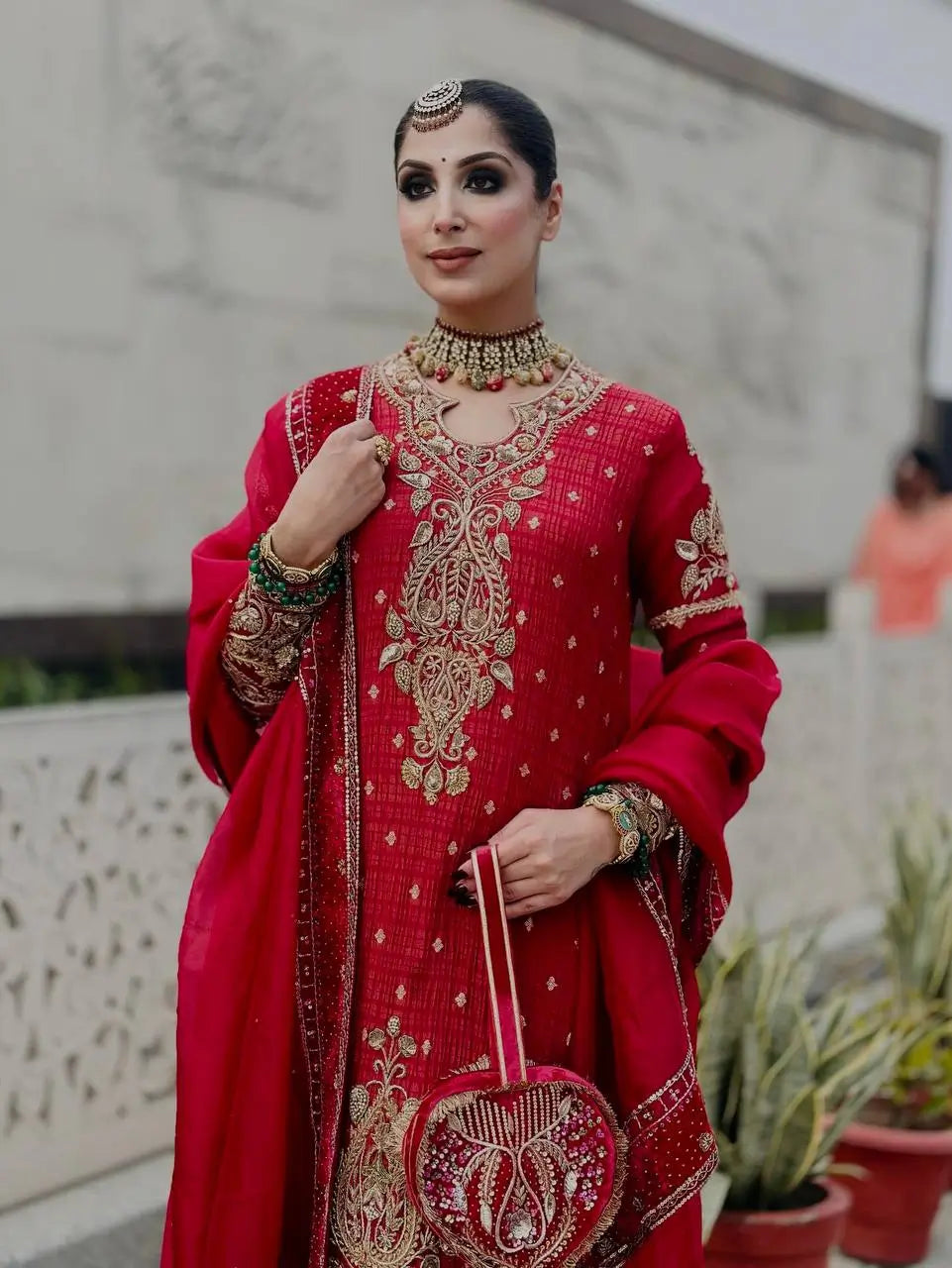 Crimson Red Pure Crunchy Silk Sequins Embroidered Kurti Palazzo Set for Wedding Wear