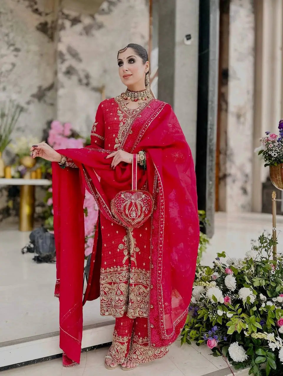 Crimson Red Pure Crunchy Silk Sequins Embroidered Kurti Palazzo Set for Wedding Wear