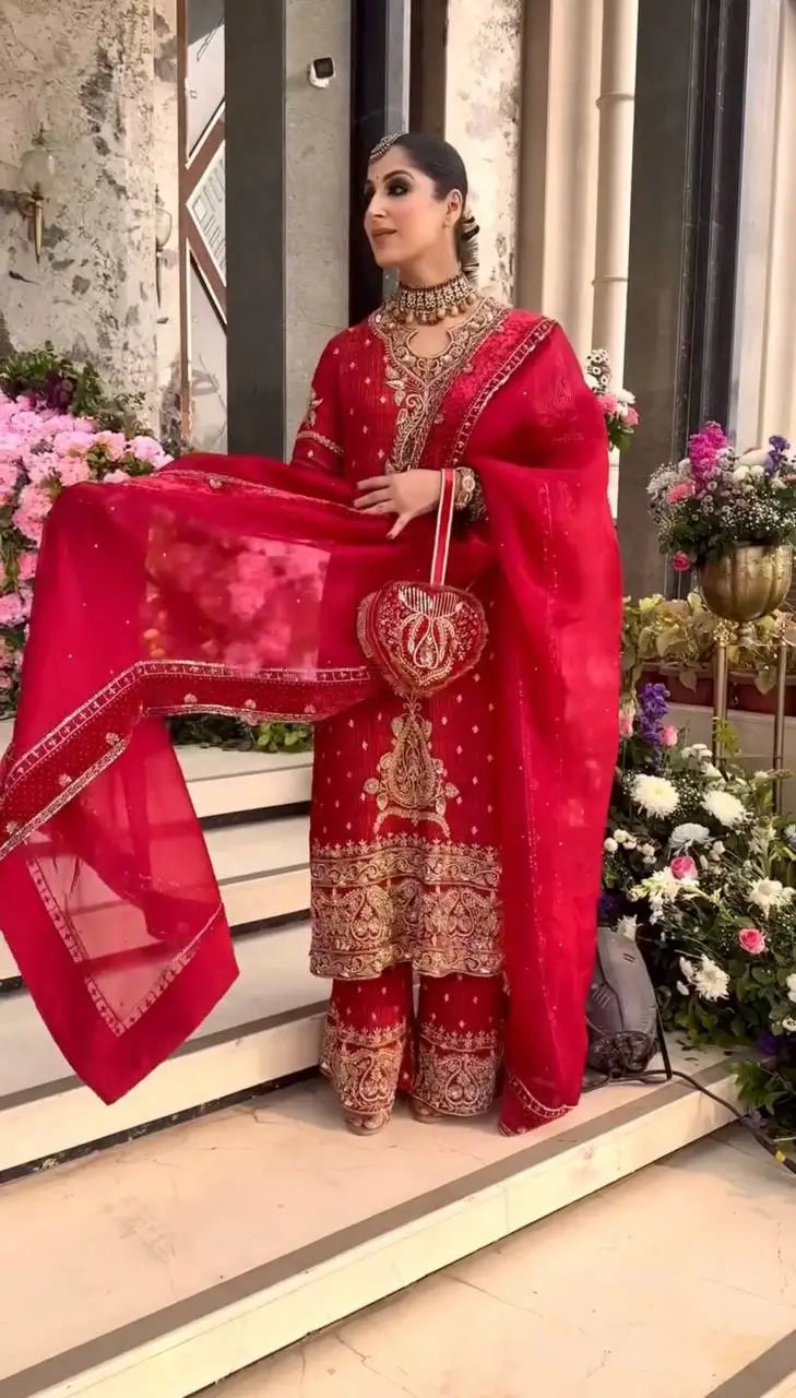 Crimson Red Pure Crunchy Silk Sequins Embroidered Kurti Palazzo Set for Wedding Wear
